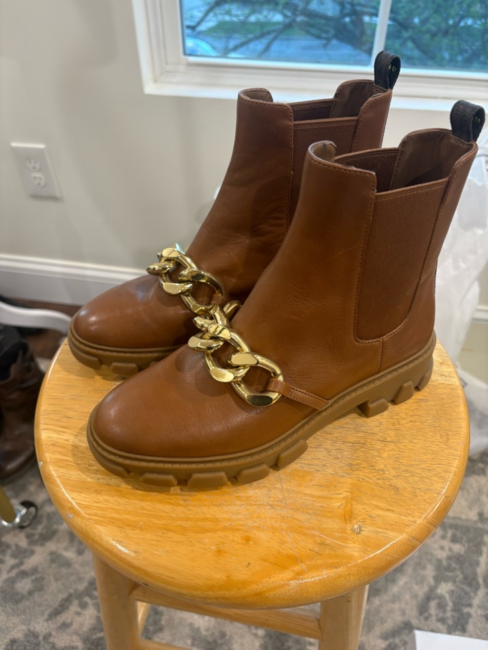 Michael Kors Chestnut Brown Chelsea Booties with Gold Chain